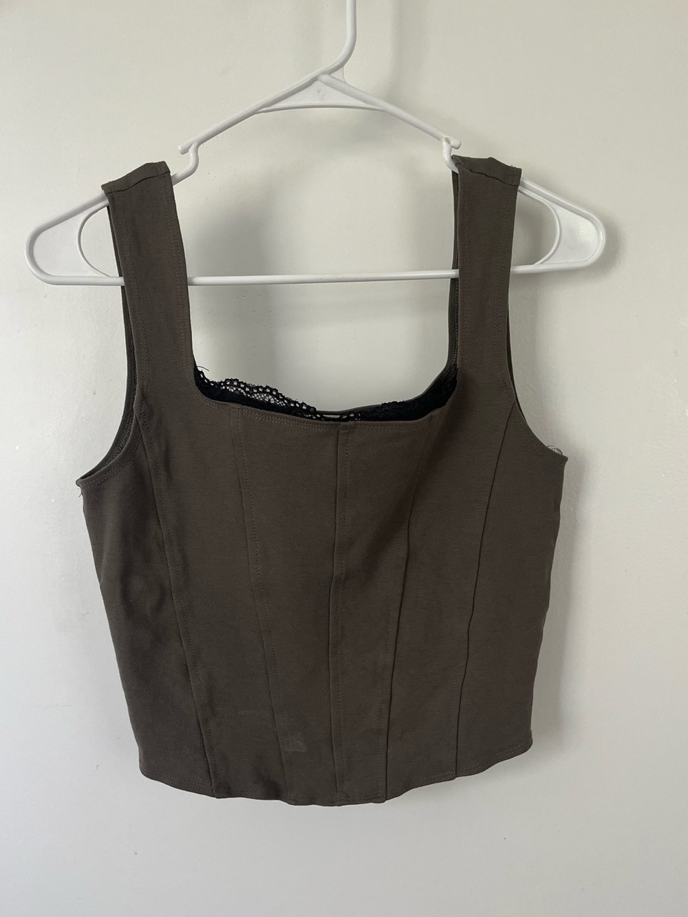 Square Neck Olive Green Crop Tank Top with Lace Trim
